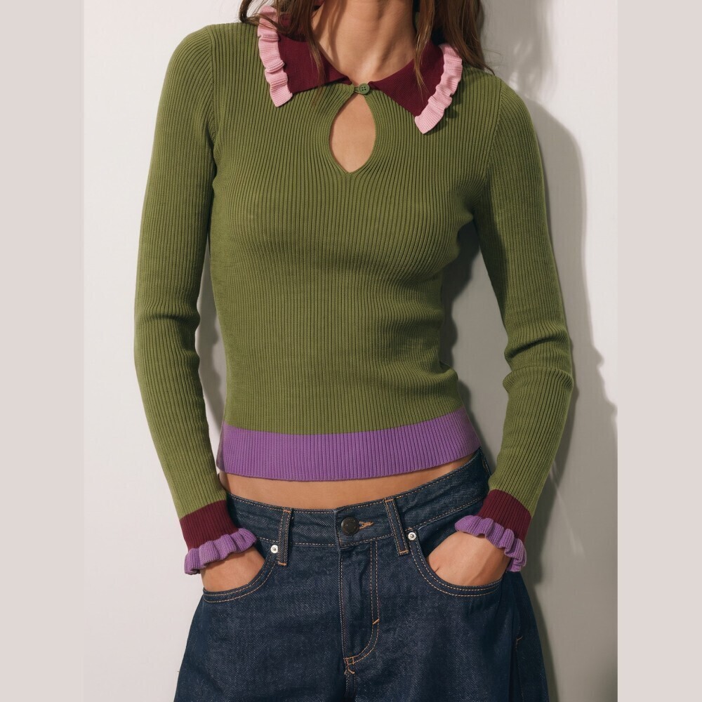 Olive Green Ribbed Knit Colorblock Ruffle Collar Keyhole Sweater